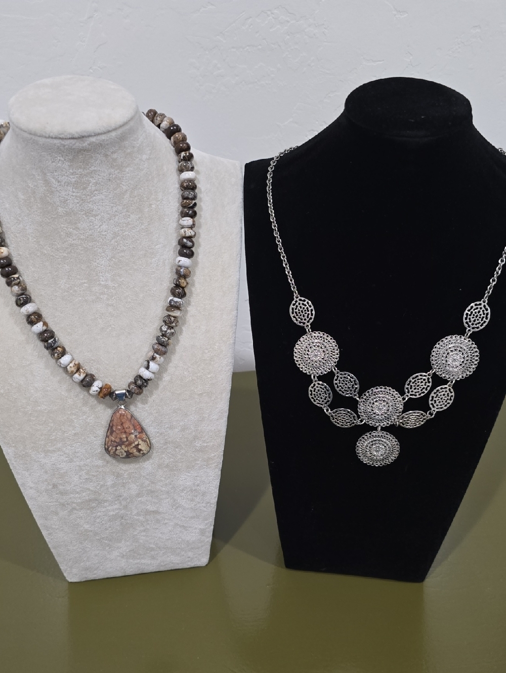 Handcrafted Brown Jasper Pendant Beaded Necklace And Silver Bib Necklace